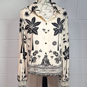Elegant Black and Cream Palm Print Cabi women's Blouse